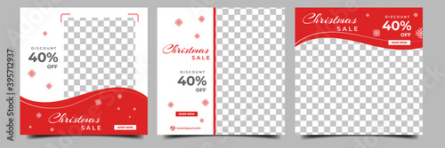 Set of editable square banner designs. Red and white color background with snowflakes illustration. Christmas social media post with a photo collage. Usable for social media, and web internet ads.