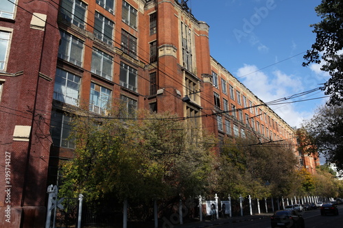 Moscow Electric Lamp Plant. Construction of industrial, industrial building. Ancient house facade. Gothic style in old architecture. Moscow architectural landmark, Moscow monument, cityscape, view photo