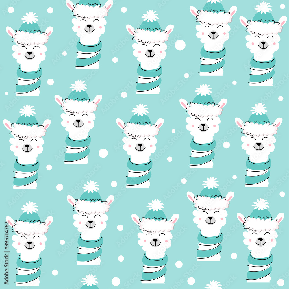 Fototapeta premium Funny christmas llama seamless pattern on a blue background