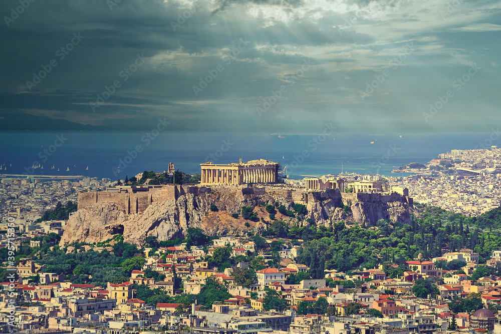 Acropolis and Athens urban area panoramic view under impressive sky, Greece