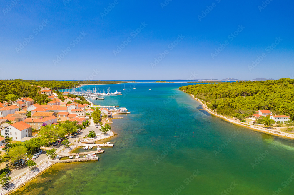Aerial view of the town of Veli Rat and waterfront on Dugi Otok island on Adriatic sea in Croatia