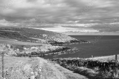 Black and White Photograph of the West County Cork Countryside and Irish Sea. 