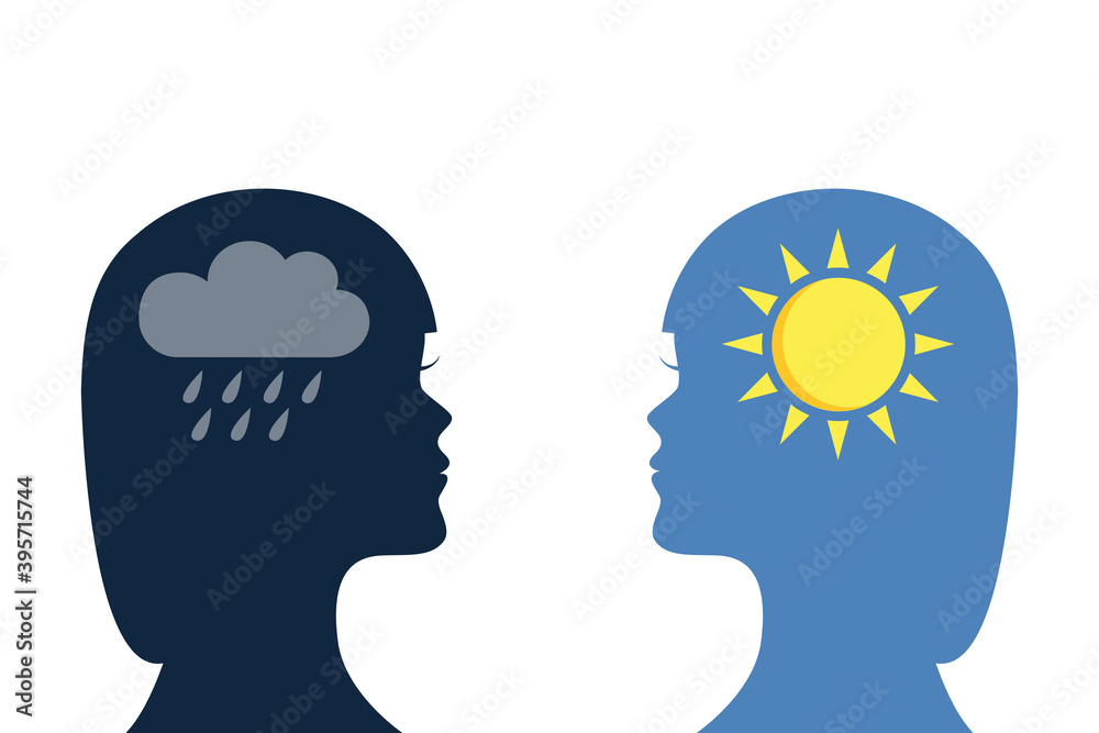 mental health concept woman with rain and sun symbol silhouette vector illustration EPS10
