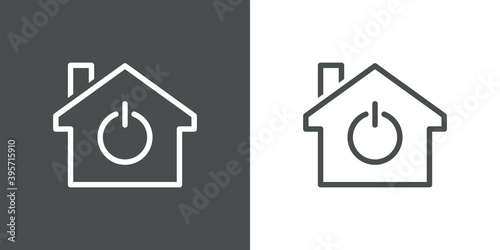 Vivienda domótica. Logotipo casa con símbolo botón de encendido con lineas en fondo gris y fondo blanco