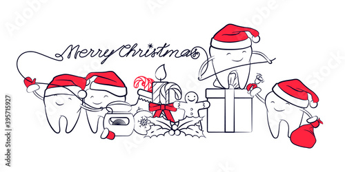 Christmas banner with smiling teeth in a Santa Claus hat, floss, and Christmas symbols isolated on a white. Holiday dental new year card, design element for greetings. Outline drawing.