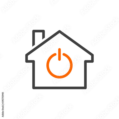 Vivienda domótica. Logotipo casa con símbolo botón de encendido con lineas en gris y naranja