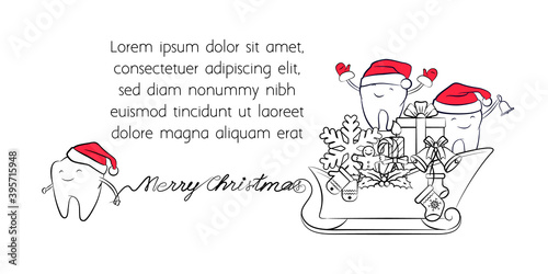 Horizontal Christmas banner with a place for text. Smiling teeth in a Santa Claus hat and lettering "Merry Christmas". Holiday dental new year card, Christmas symbols, design element for greetings.