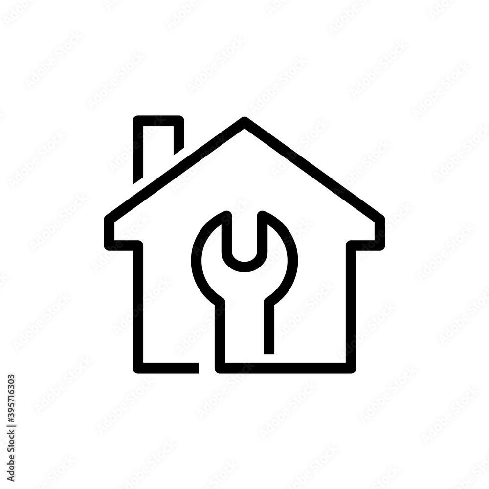 Logotipo con herramienta llave en contorno de casa con lineas en color negro Logotipo con herramienta llave en contorno de casa con lineas en color negro