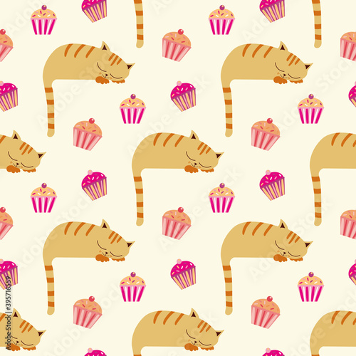 Cute sleeping kawaii ginger cats with cupcakes. Vector seamless pattern background. Backdrop with curled up cartoon kitties, dangling tails and muffins.. Hand drawn fun pet all over print for kids.