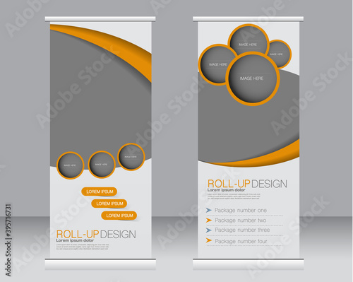 Roll up banner stand template. Abstract background for design,  business, education, advertisement.  Orange color. Vector  illustration.