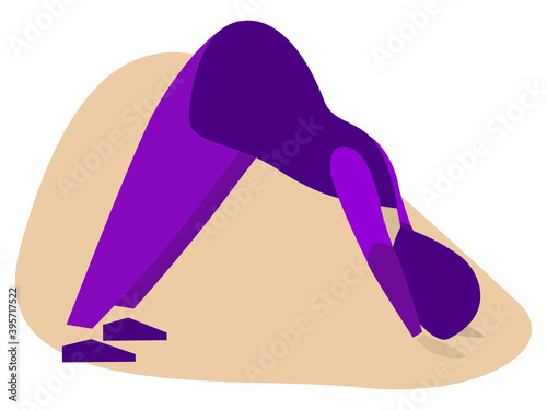 Woman doing exercises of Sun Salutation. Adho mukha svanasana, Monochrome vector illustration. Isolated on a white background.