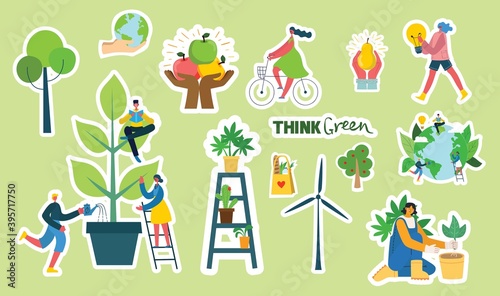 Set of eco save environment stickers pictures. People taking care of planet collage.