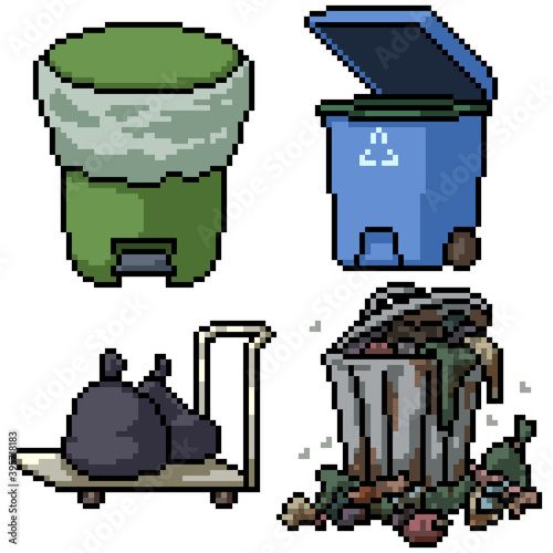 pixel art set isolated garbage bin
