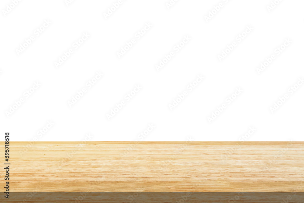 Empty wooden table top isolated on white background for product display montage