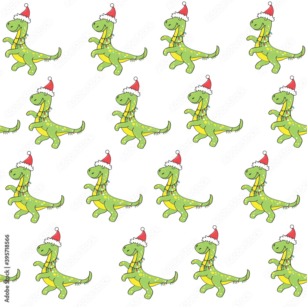 Obraz premium Christmas dinosaurs seamless pattern. Vector illustration