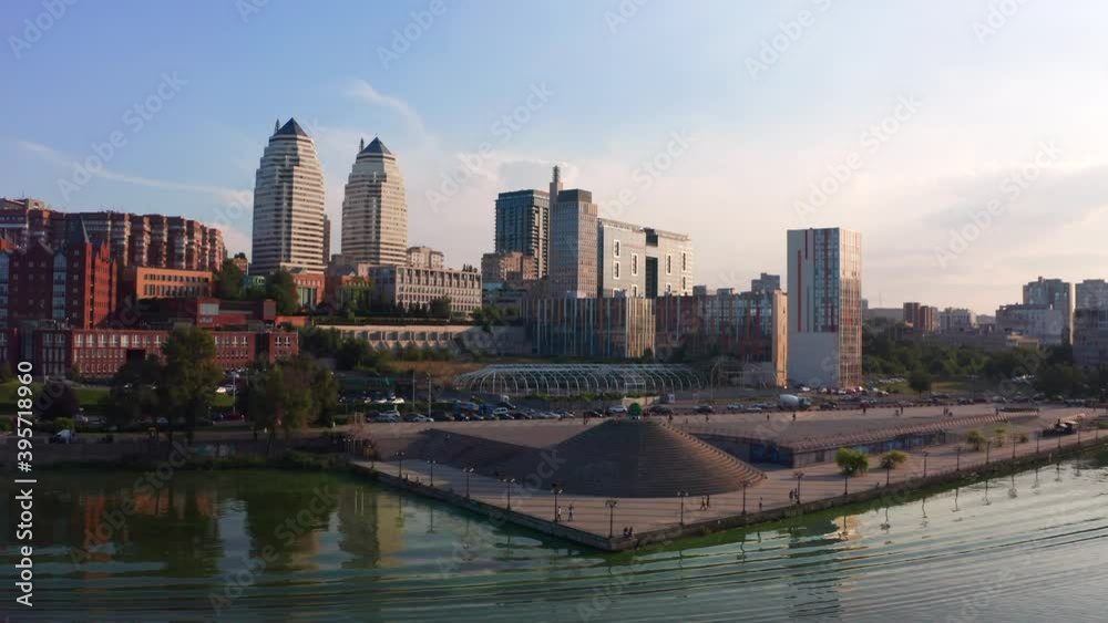 Flying Above The Dnieper River With A View Of The City And The Embankment Flying Above The Dnieper River With A View Of The City And The Embankment