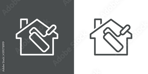 Logotipo con rodillo de pintura en contorno de casa con lineas en fondo gris y fondo blanco