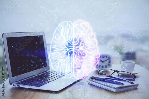Double exposure of desktop computer and human brain drawing hologram. Ai concept.