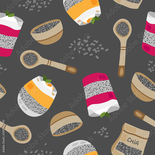 Vector hand drawn pattern of chia pudding and seeds. Chia pudding, chia seeds pattern. Superfood. Food illustration. Vegetarian.