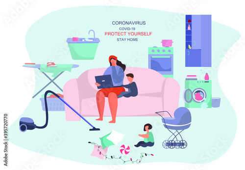 Remote Work at Home and Household Chores.Cooking,Washing,Cleaning.Mother Doing Remote Freelance Job Online During Quarantine with Children. Mother Can't Work Productively.Flat Vector illustration