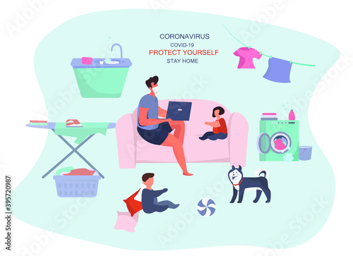 Remote Work or Study at Home and Household Chores.Washing,Cleaning with Child.Father Doing Freelance Job with Laptop during Quarantine.Husband Freelancer Can't Work Productively.Vector Illustration