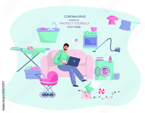 Remote Work or Study at Home and Household Chores. Cooking,Washing,Cleaning.Father Doing Remote Freelance Job with Laptop.Husband Freelancer Can't Work Productively.Flat Vector illustration