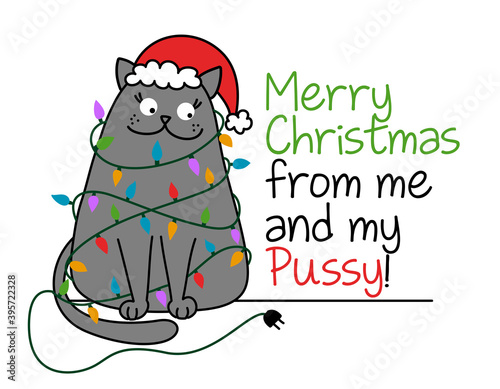 Merry Christmas from me and my pussy - Cute gray cat with Santa hat, tangled in the Christmas lights. Funny doodle animal. Hand drawn lettering for Xmas greetings cards, invitations. 
