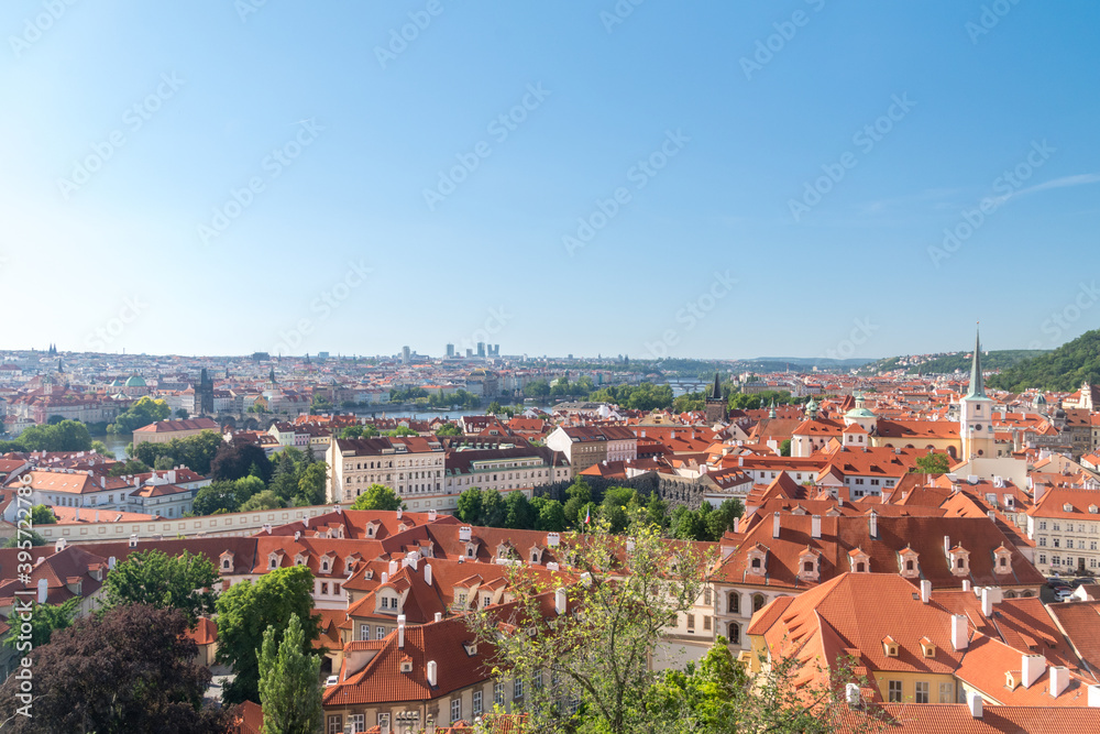 Panoramic view of Prague City buildings.