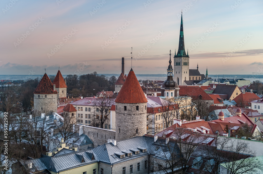 Aerial view from Patkuli viewing platform of Tallinn Old Town in a beautiful winter evening, Estonia. The classic Iconic view of the city that everyone recognises.