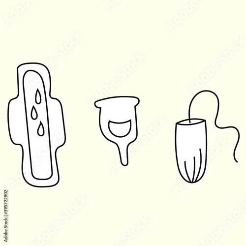 Pad, tampon and menstrual Cup, feminine hygiene products, vector
