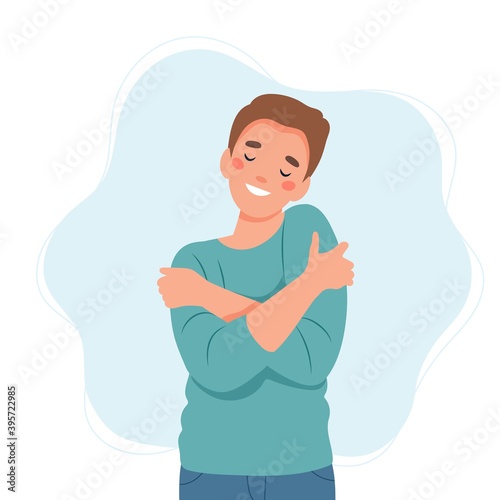 Self love concept, man hugging herself, vector illustration in flat style