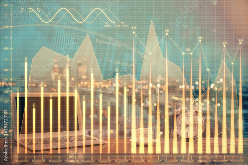 Double exposure of forex chart and work space with computer. Concept of international online trading. © peshkova