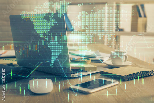 Multi exposure of chart and financial info and work space with computer background. Concept of international online trading. © peshkova