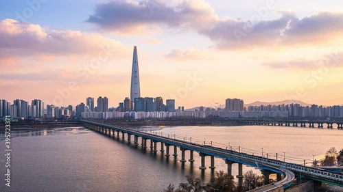 Beautiful Sunset at Seoul, City Skyline in South Korea.4k Time lapse photo