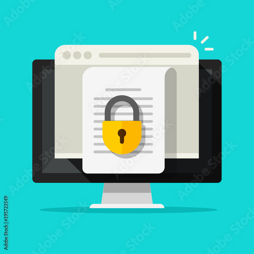 Locked access to document file online vector flat icon, confidential secure special permission on computer pc illustration, digital internet privacy protection modern design