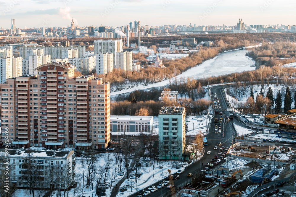 evening view of the residential and financial development of Moscow on a winter day