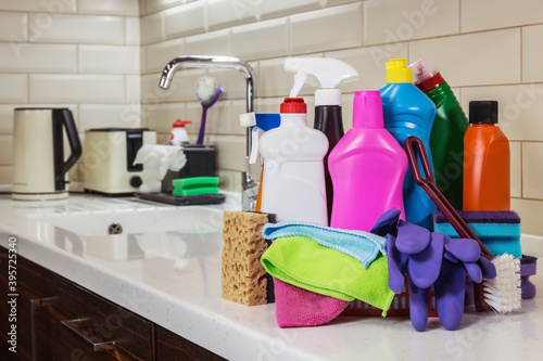 different products and items for cleaning in the kitchen. Concept cleaning