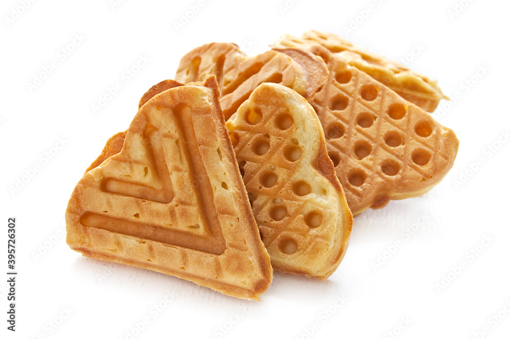 Cookies waffles in shape of heart on white background. Cookies waffles in shape of heart on white background.