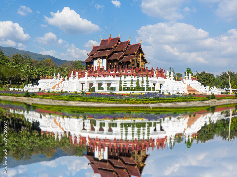 Chiang Mai Royal Flora Ratchaphruek Park with reflex and beautiful sky,Thailand.