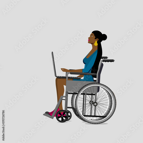 Young girl in wheelchair works on laptop. Freelance. vector illustration.