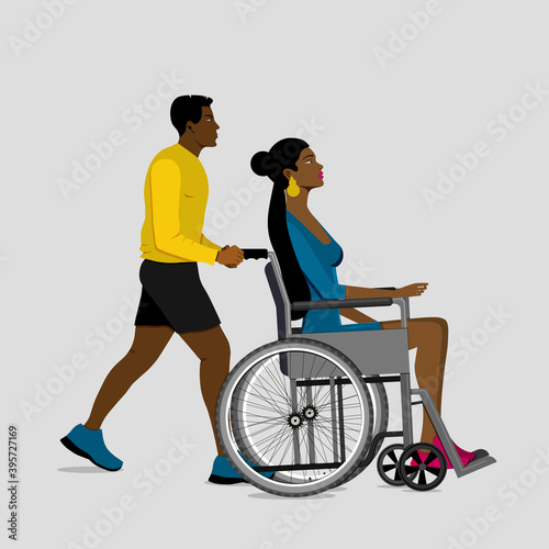Volunteer man walking with girl disabled in wheelchair. Disability rehabilitation, invalid people assistance. vector illustration.