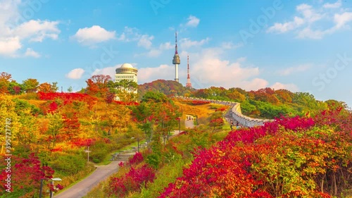 Time Lapse 4k Autumn leaves at the garden on the way up to Namsan Mountain in Seoul,city at South Korea.Zoom in photo