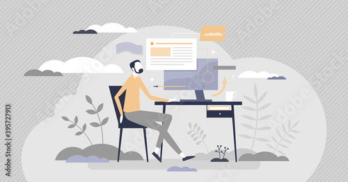 Working desk with office manager and pc browsing process tiny person concept