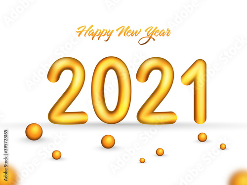 3D Golden 2021 Happy New Year Text With Pearls On White Background.