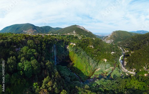 Aerial view. Work before water discharge  small flow. The Cascata delle Marmore is a the largest man-made waterfall. Terni in Umbria Italy. Ultra wide resolution. Hydroelectric power plant