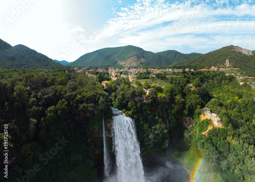Aerial view. Water discharge  strong  maximum flow. Rainbow. The Cascata delle Marmore is a the largest man-made waterfall. Terni in Umbria Italy. Hydroelectric power plant