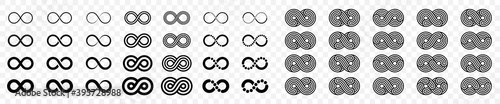 Infinity icons set. Endless sign in flat linear style. Black silhouette contour without fill on a transparent background. Vector illustration