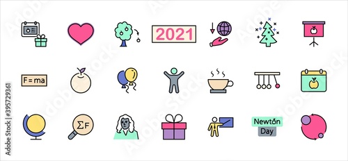 Newton's Day Set Line Vector Icon. Contains such Icons as Newton, Laws of physics and gravity, Flying Apple, Calendar, Teacher, blackboard and projector Editable Stroke. 32x32 Pixel Perfect