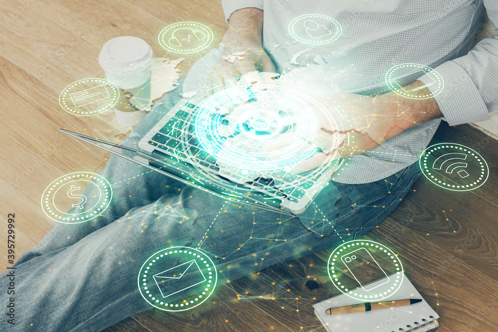 Media network theme hologram with man working on computer on background. Concept of internet communication. Double exposure. Media network theme hologram with man working on computer on background. Concept of internet communication. Double exposure.
