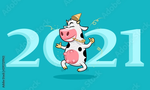 Celebrating funny jumping cow thumb up vector illustration